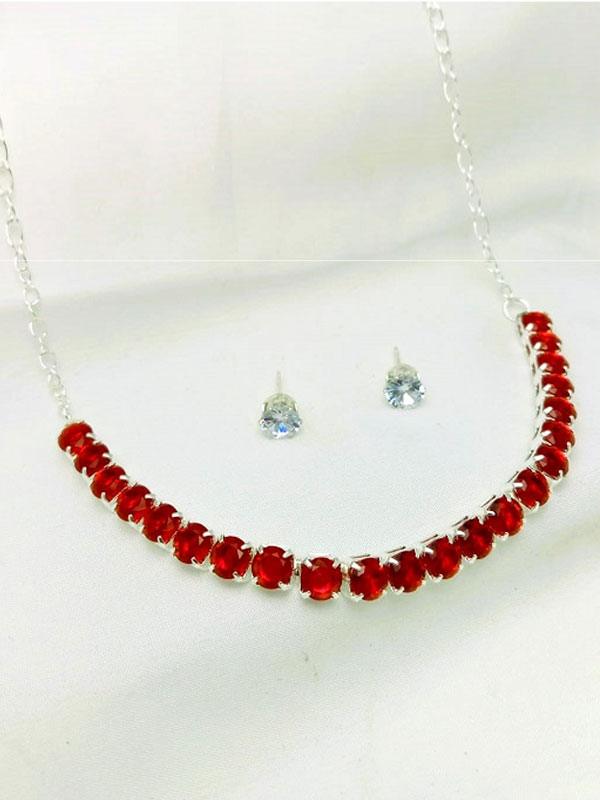 Stylish Maroon Silver AD Zircon Necklace Set With Tops