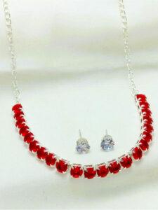 Stylish Maroon Silver AD Zircon Necklace Set With Tops