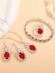 Fashion Red Oval Necklace Set with Ring, Earrings & Bracelet