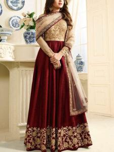 Chiffon Organza Embroidered Maroon Frock Dress Unstitched