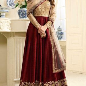 Chiffon Organza Embroidered Maroon Frock Dress Unstitched