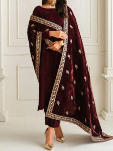 Velvet 3 Pc Dress Velvet Shirt Velvet Trouser Heavy Embroidery Velvet Shalw