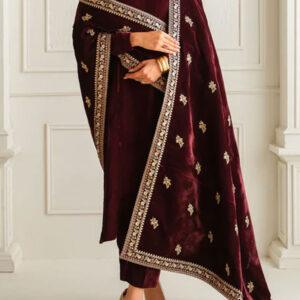 Velvet 3 Pc Dress Velvet Shirt Velvet Trouser Heavy Embroidery Velvet Shalw