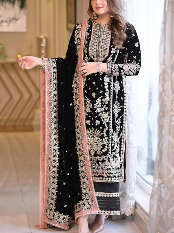 Velvet Heavy Embroidered Suit with Chiffon Dupatta (Unstitched)
