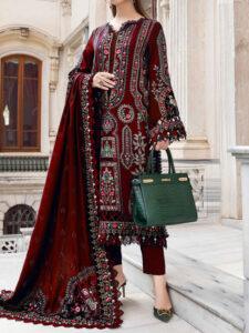 Heavy Embroidered Cotton Suit with Chiffon Dupatta