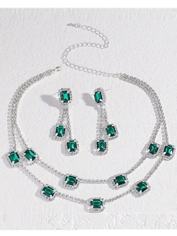 Silver Plated Green Rhinestones Necklace Set with Earrings