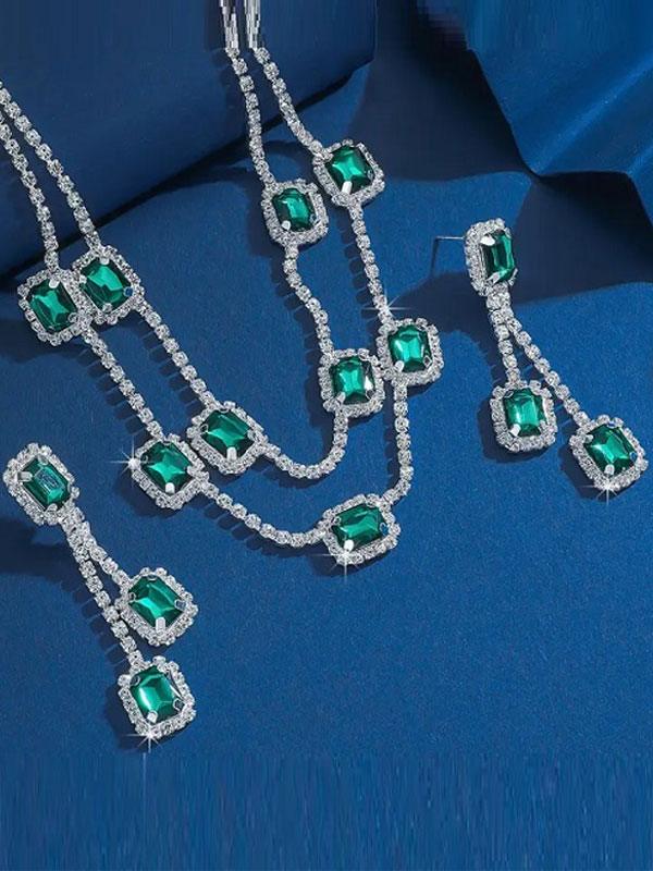 Silver Plated Green Rhinestones Necklace Set with Earrings