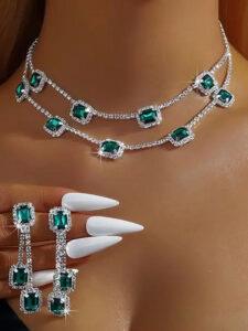 Silver Plated Green Rhinestones Necklace Set with Earrings