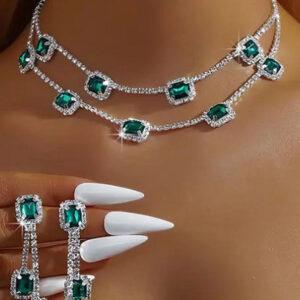 Silver Plated Green Rhinestones Necklace Set with Earrings