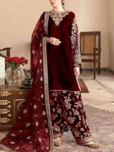 Luxury Velvet Embroidered Bridal Dress with Net Dupatta