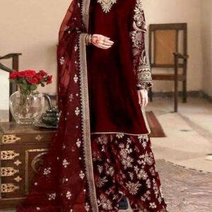 Luxury Velvet Embroidered Bridal Dress with Net Dupatta