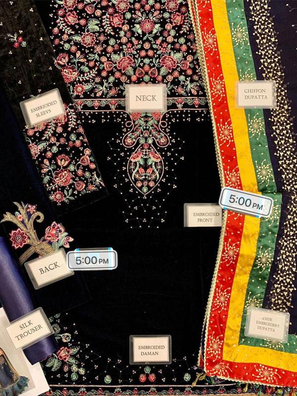 Luxury Velvet Embroidered Dress + Chiffon Dupatta (Unstitched) - Image 3