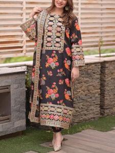 Shamoze Silk Heavy Embroidered Dress With Printed Silk Dupatta (Unstitched)