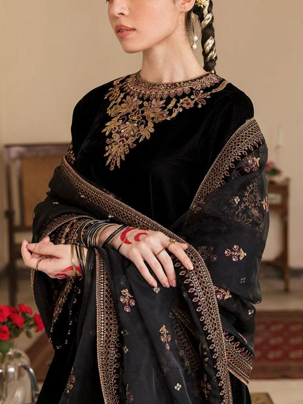 Luxury Velvet Embroidered Bridal Dress with Net Dupatta