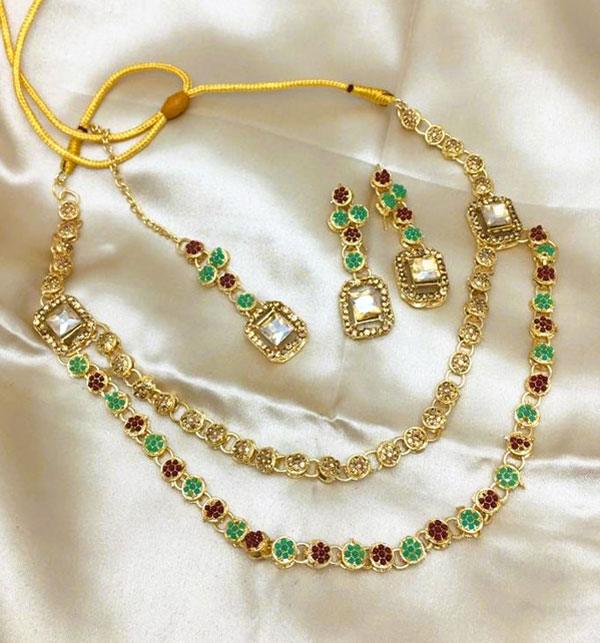 Double Layered Stone Necklace Jewerly Set With Earring And Tikka
