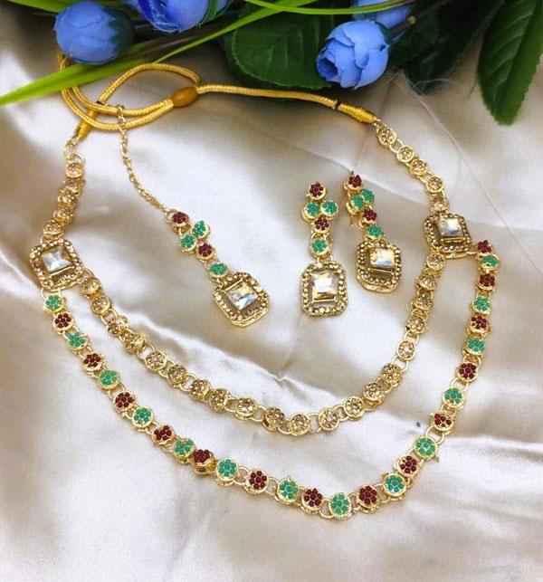 Double Layered Stone Necklace Jewerly Set With Earring And Tikka