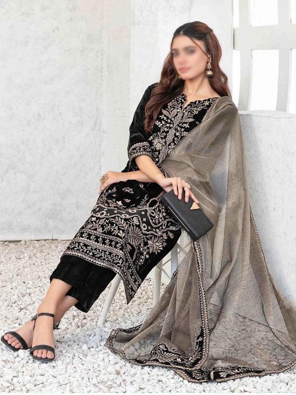 Velvet Sequins Embroidered Dress with Masoori Dupatta (Unstitched) - Image 2