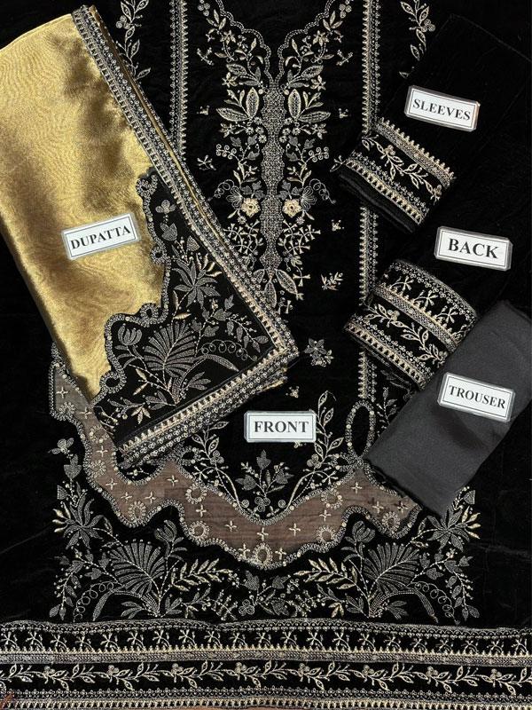 Velvet Sequins Embroidered Dress with Masoori Dupatta (Unstitched)
