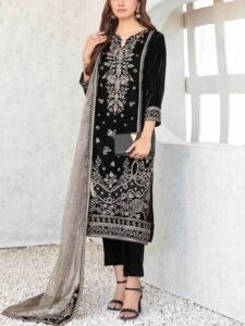 Velvet Sequins Embroidered Dress with Masoori Dupatta (Unstitched)