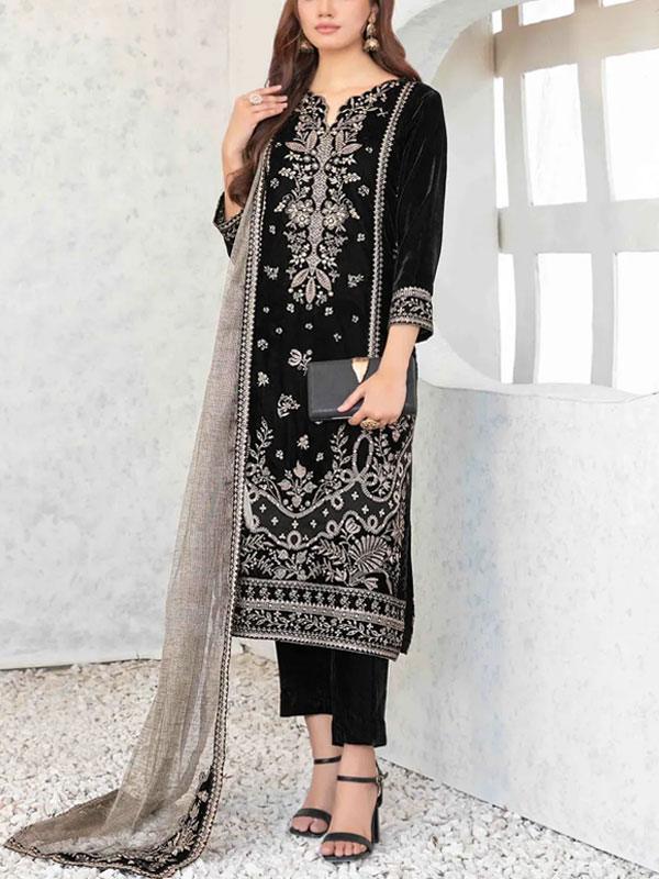 Velvet Sequins Embroidered Dress with Masoori Dupatta (Unstitched)