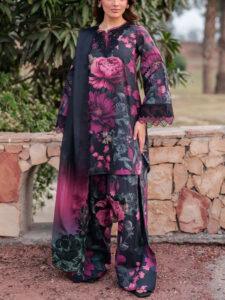 Digital Printed Lawn Dress with Heavy Embroidery and 4-Side Chiffon Dupatta (Unstitched)