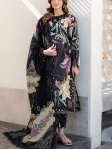Unstitched Luxury Lawn Dress with Heavy Embroidered Bunches & Chiffon Dupatta