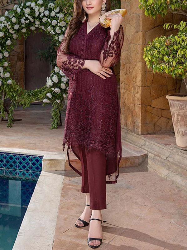 NET Sequins Full Heavy Embroidered 2 Pec Dress (Shirt + Trouser) (Un-Stitched)