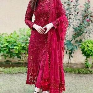 Heavy Embroidered Maroon Net Dress with Trouser & Dupatta