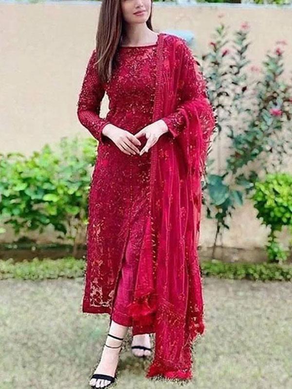 Heavy Embroidered Maroon Net Dress with Trouser & Dupatta