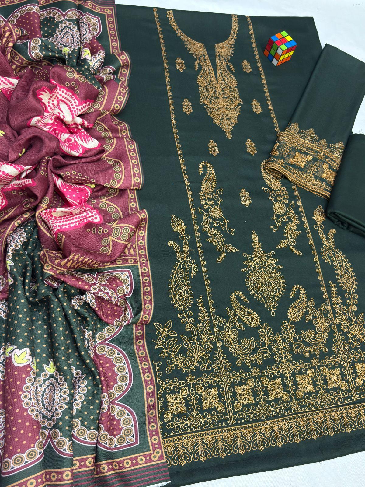 Winter Unstitched Embroidered Dhanak Suit with Wool Shawl Dupatta