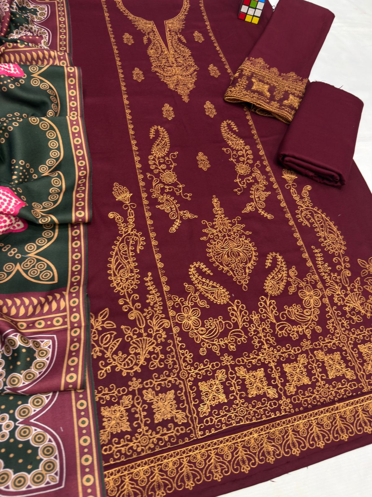 Winter Unstitched Embroidered Dhanak Suit with Wool Shawl Dupatta