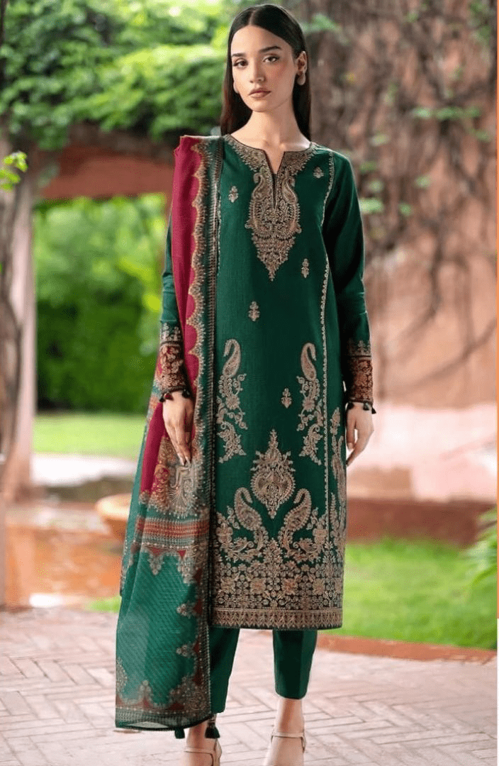 Winter Unstitched Embroidered Dhanak Suit with Wool Shawl Dupatta